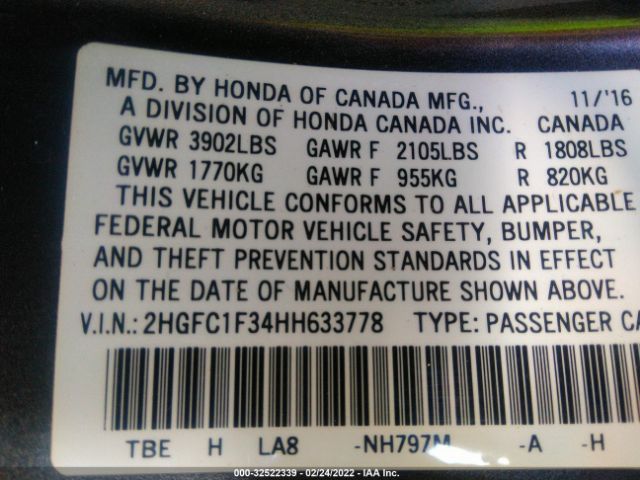 Photo 8 VIN: 2HGFC1F34HH633778 - HONDA CIVIC SEDAN 