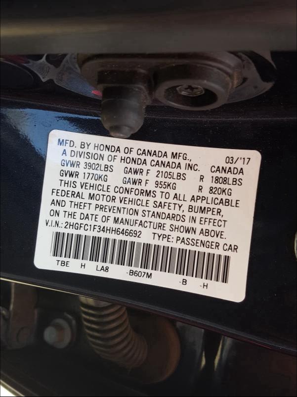 Photo 9 VIN: 2HGFC1F34HH646692 - HONDA CIVIC EX 