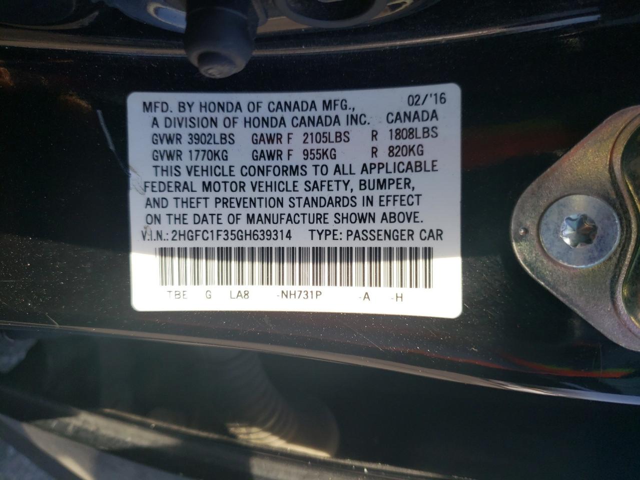 Photo 11 VIN: 2HGFC1F35GH639314 - HONDA CIVIC 