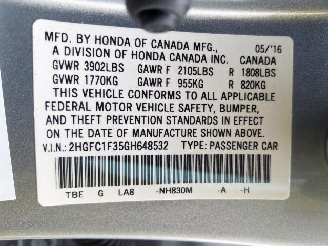 Photo 9 VIN: 2HGFC1F35GH648532 - HONDA CIVIC EX 