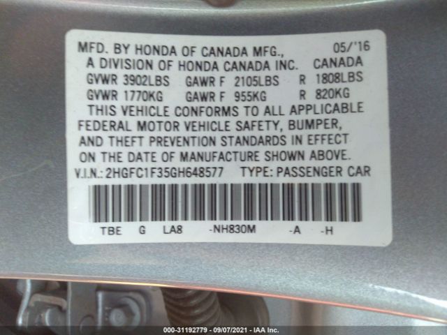 Photo 8 VIN: 2HGFC1F35GH648577 - HONDA CIVIC SEDAN 