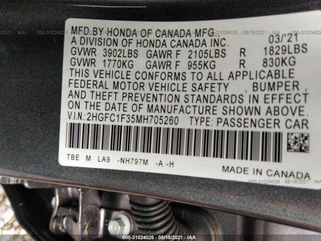 Photo 8 VIN: 2HGFC1F35MH705260 - HONDA CIVIC SEDAN 