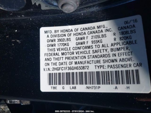 Photo 8 VIN: 2HGFC1F36GH650872 - HONDA CIVIC 