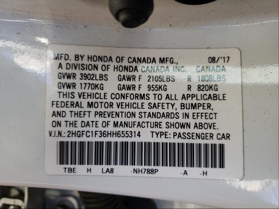 Photo 9 VIN: 2HGFC1F36HH655314 - HONDA CIVIC EX 