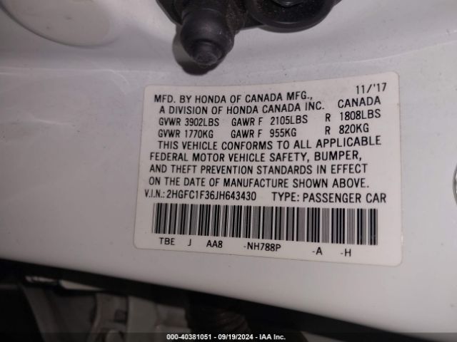 Photo 8 VIN: 2HGFC1F36JH643430 - HONDA CIVIC 