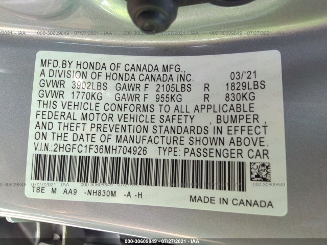 Photo 8 VIN: 2HGFC1F36MH704926 - HONDA CIVIC SEDAN 