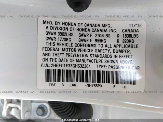 Photo 8 VIN: 2HGFC1F37GH632364 - HONDA CIVIC SEDAN 