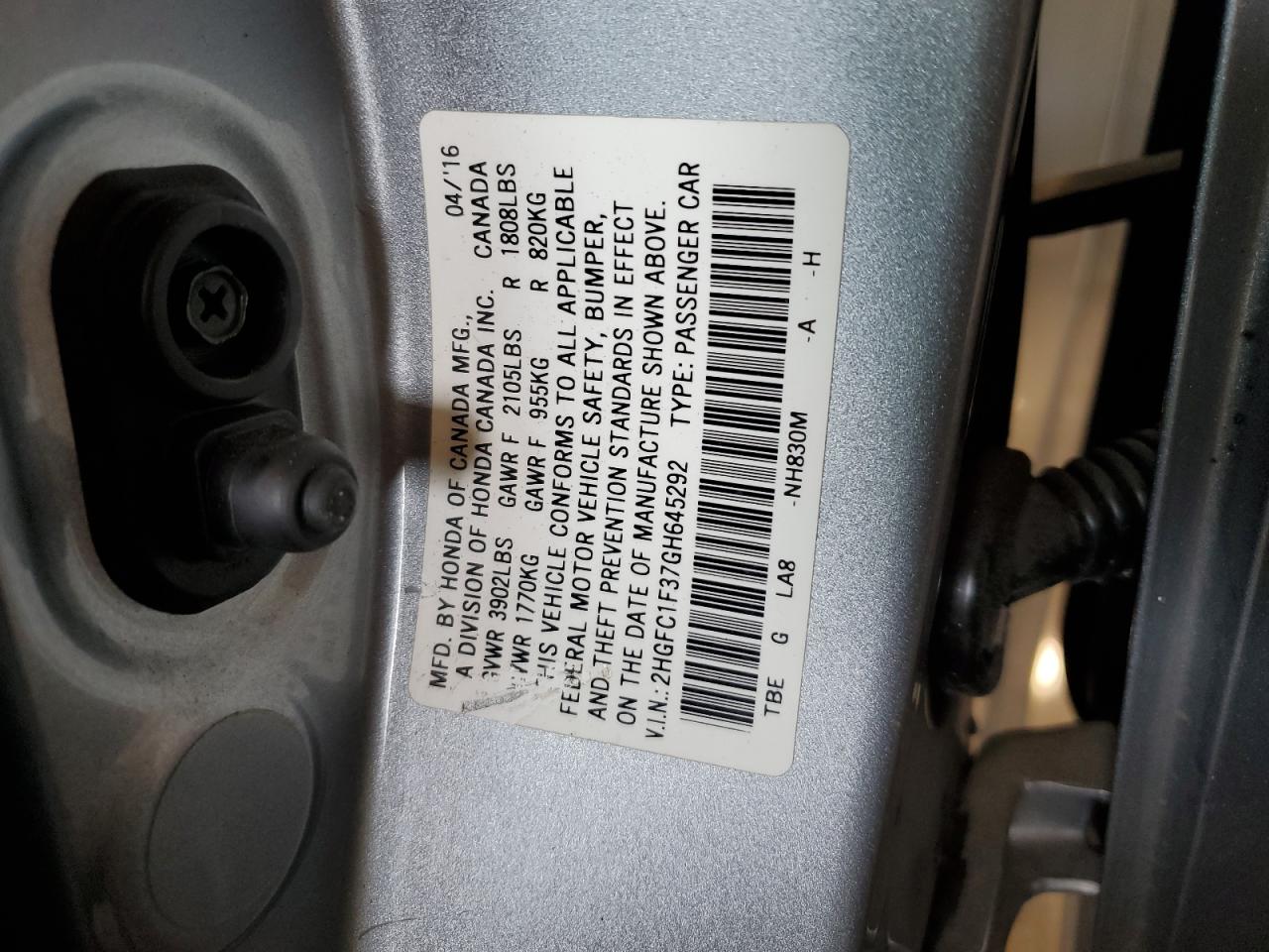 Photo 11 VIN: 2HGFC1F37GH645292 - HONDA CIVIC 