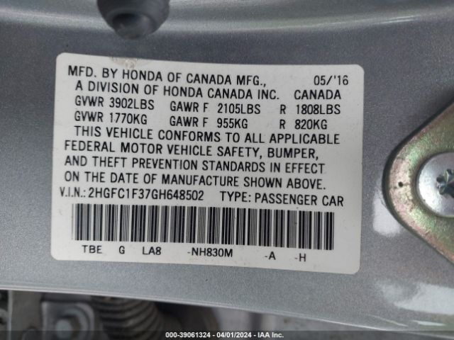 Photo 8 VIN: 2HGFC1F37GH648502 - HONDA CIVIC 