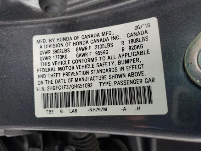 Photo 11 VIN: 2HGFC1F37GH651092 - HONDA CIVIC 