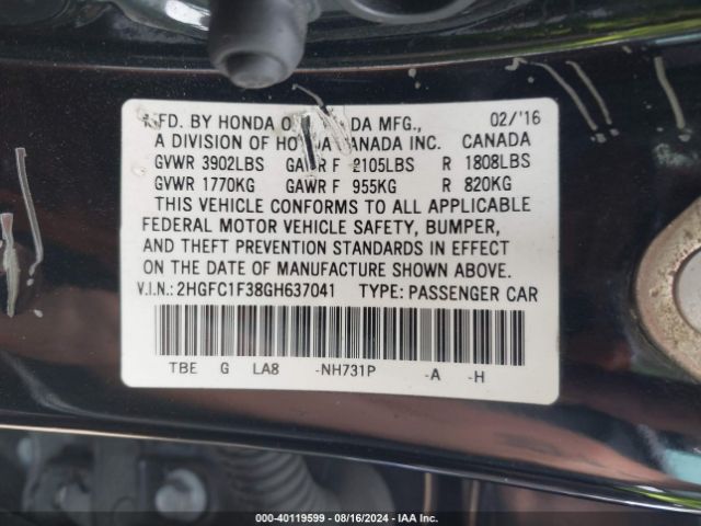 Photo 8 VIN: 2HGFC1F38GH637041 - HONDA CIVIC 