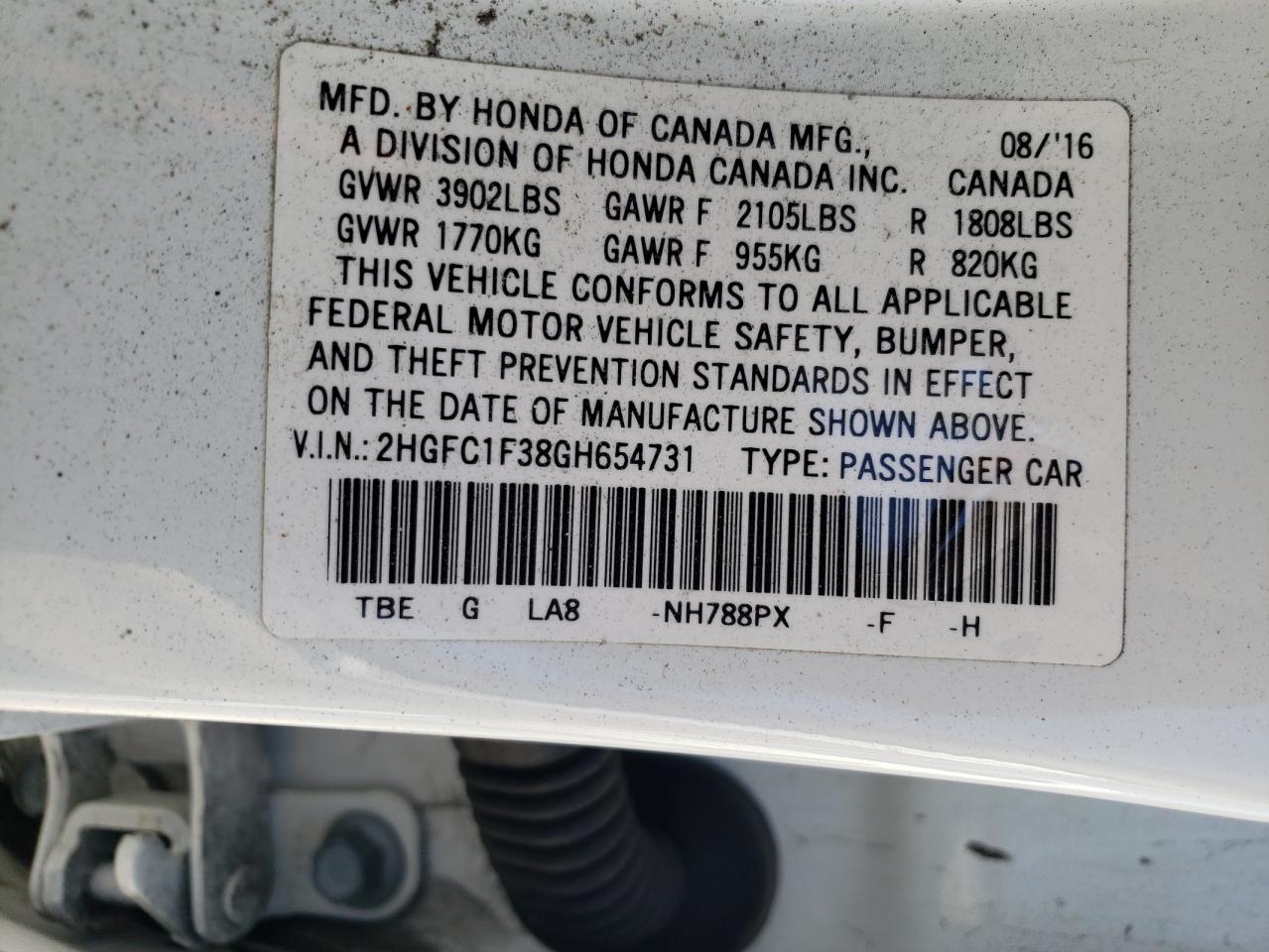 Photo 12 VIN: 2HGFC1F38GH654731 - HONDA CIVIC 