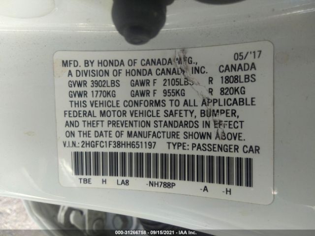 Photo 8 VIN: 2HGFC1F38HH651197 - HONDA CIVIC SEDAN 