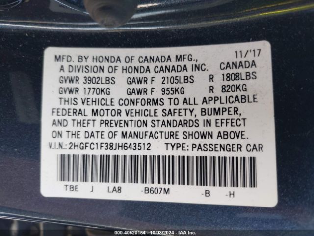 Photo 8 VIN: 2HGFC1F38JH643512 - HONDA CIVIC 