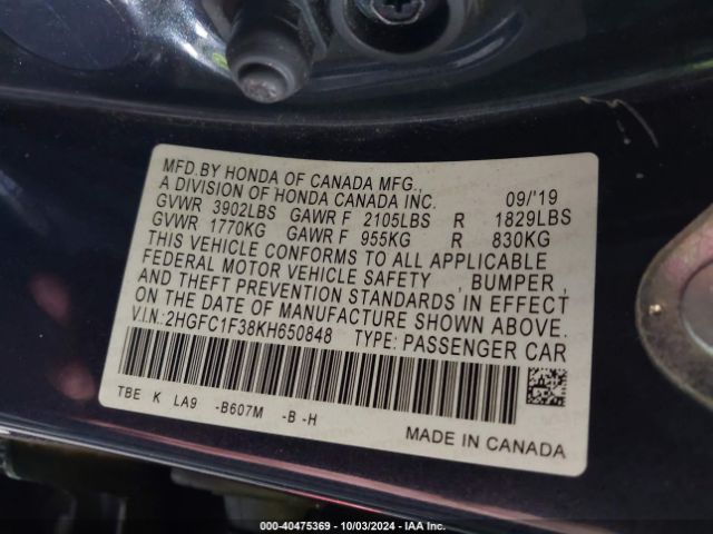 Photo 8 VIN: 2HGFC1F38KH650848 - HONDA CIVIC 