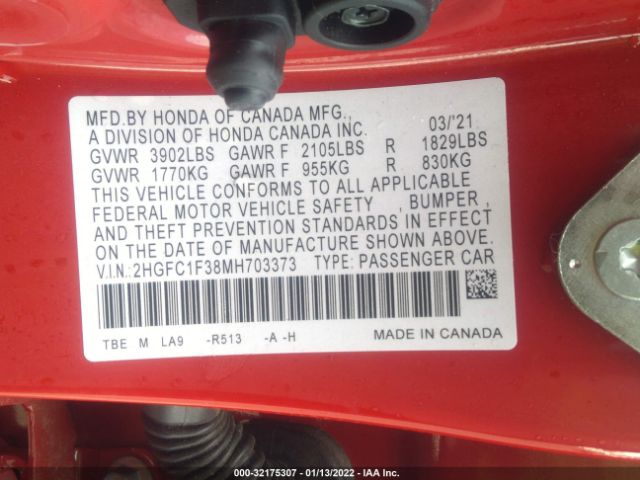 Photo 8 VIN: 2HGFC1F38MH703373 - HONDA CIVIC SEDAN 