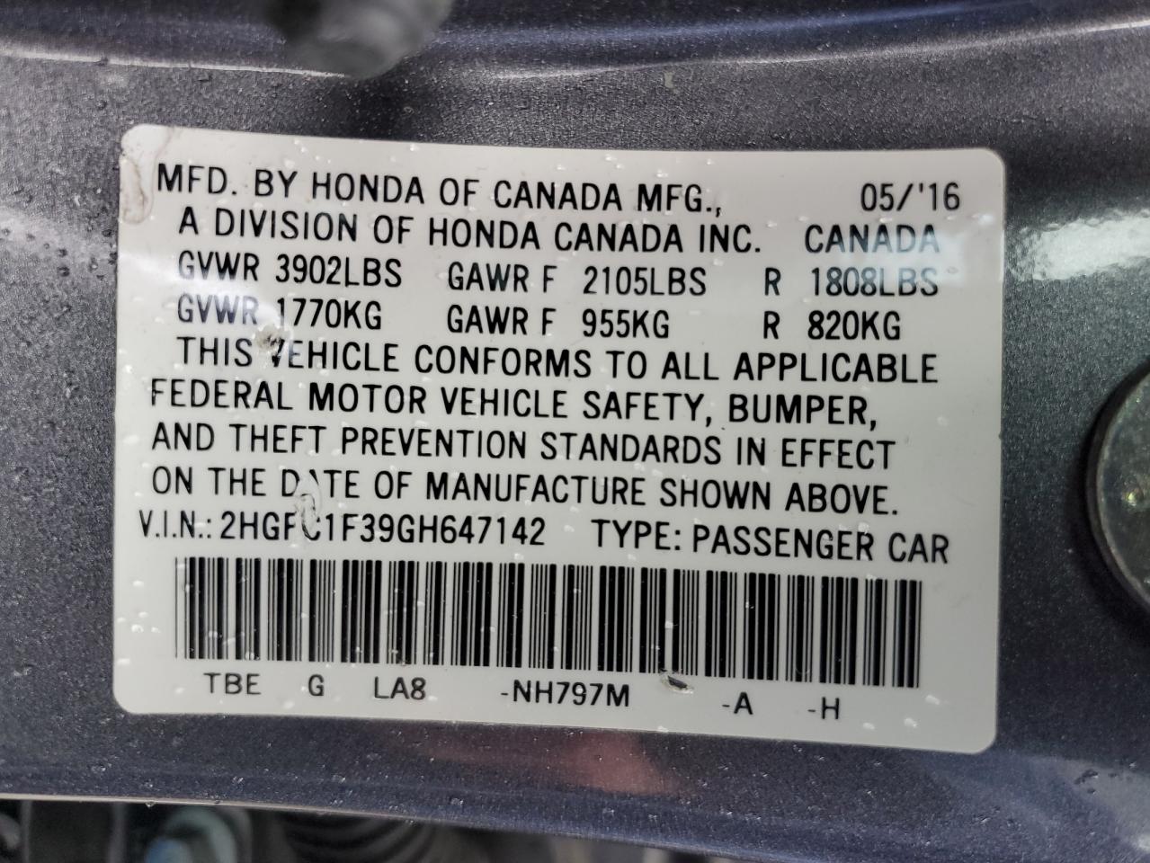 Photo 11 VIN: 2HGFC1F39GH647142 - HONDA CIVIC 