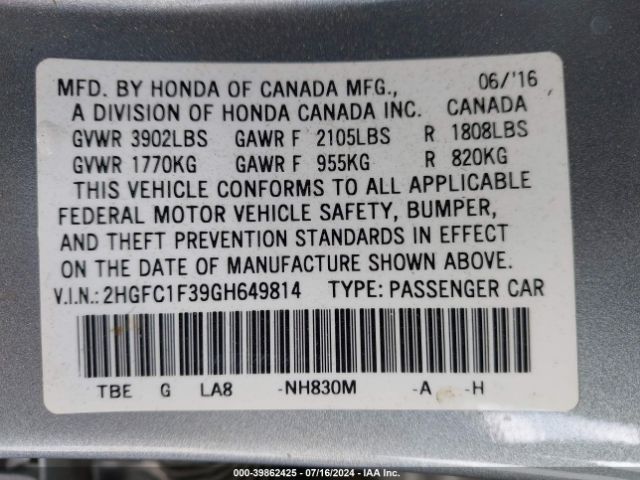 Photo 8 VIN: 2HGFC1F39GH649814 - HONDA CIVIC 