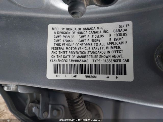 Photo 8 VIN: 2HGFC1F39HH651449 - HONDA CIVIC 