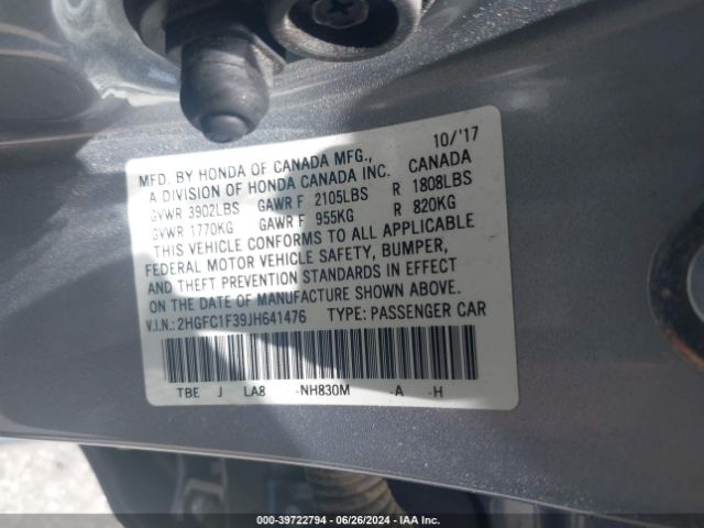 Photo 8 VIN: 2HGFC1F39JH641476 - HONDA CIVIC 