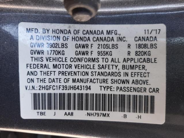 Photo 9 VIN: 2HGFC1F39JH643194 - HONDA CIVIC EX 