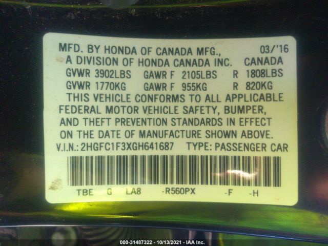 Photo 8 VIN: 2HGFC1F3XGH641687 - HONDA CIVIC SEDAN 