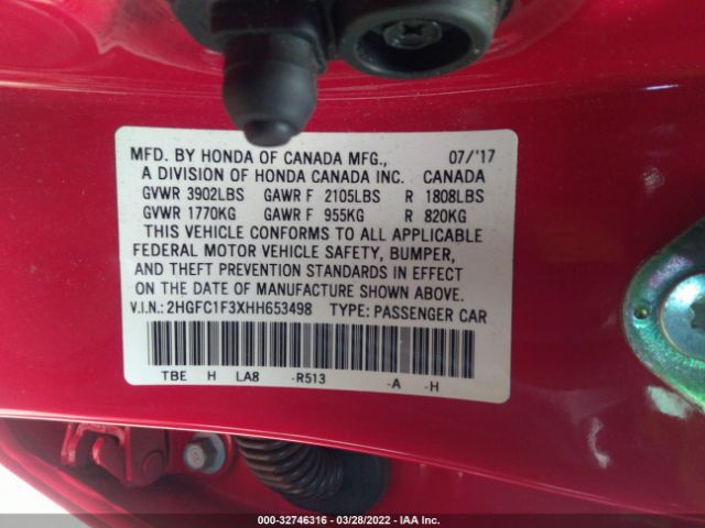 Photo 8 VIN: 2HGFC1F3XHH653498 - HONDA CIVIC SEDAN 