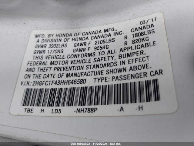 Photo 8 VIN: 2HGFC1F43HH646580 - HONDA CIVIC 