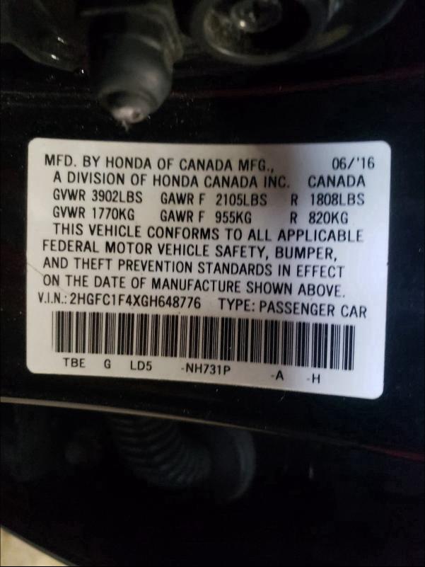 Photo 9 VIN: 2HGFC1F4XGH648776 - HONDA CIVIC EX 