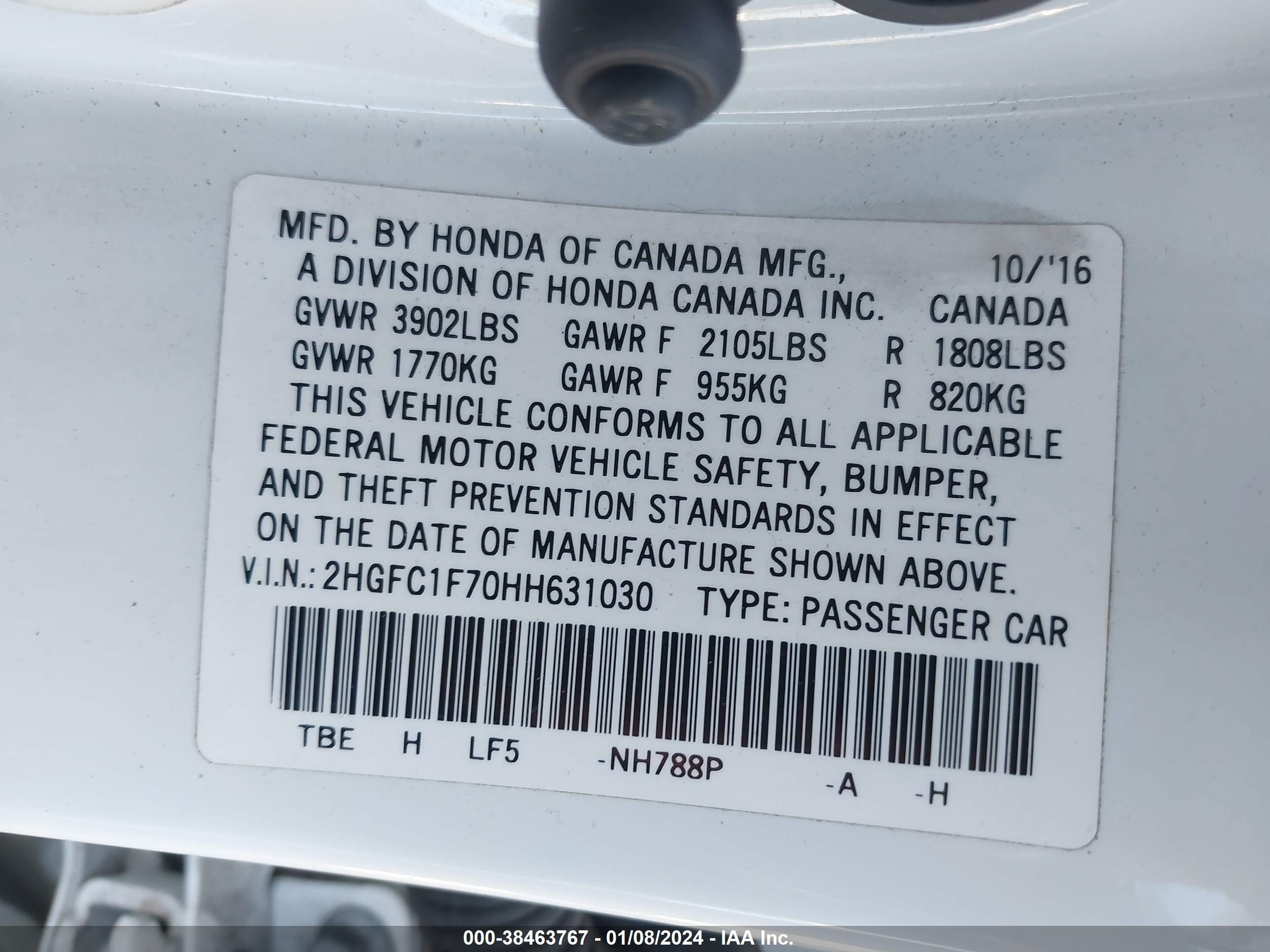 Photo 8 VIN: 2HGFC1F70HH631030 - HONDA CIVIC 