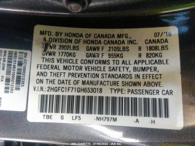 Photo 8 VIN: 2HGFC1F71GH653018 - HONDA CIVIC SEDAN 