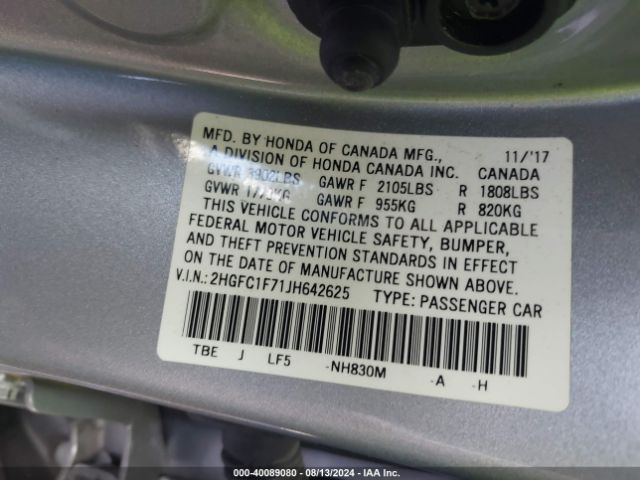 Photo 8 VIN: 2HGFC1F71JH642625 - HONDA CIVIC 