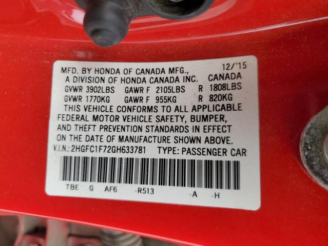 Photo 11 VIN: 2HGFC1F72GH633781 - HONDA CIVIC EXL 