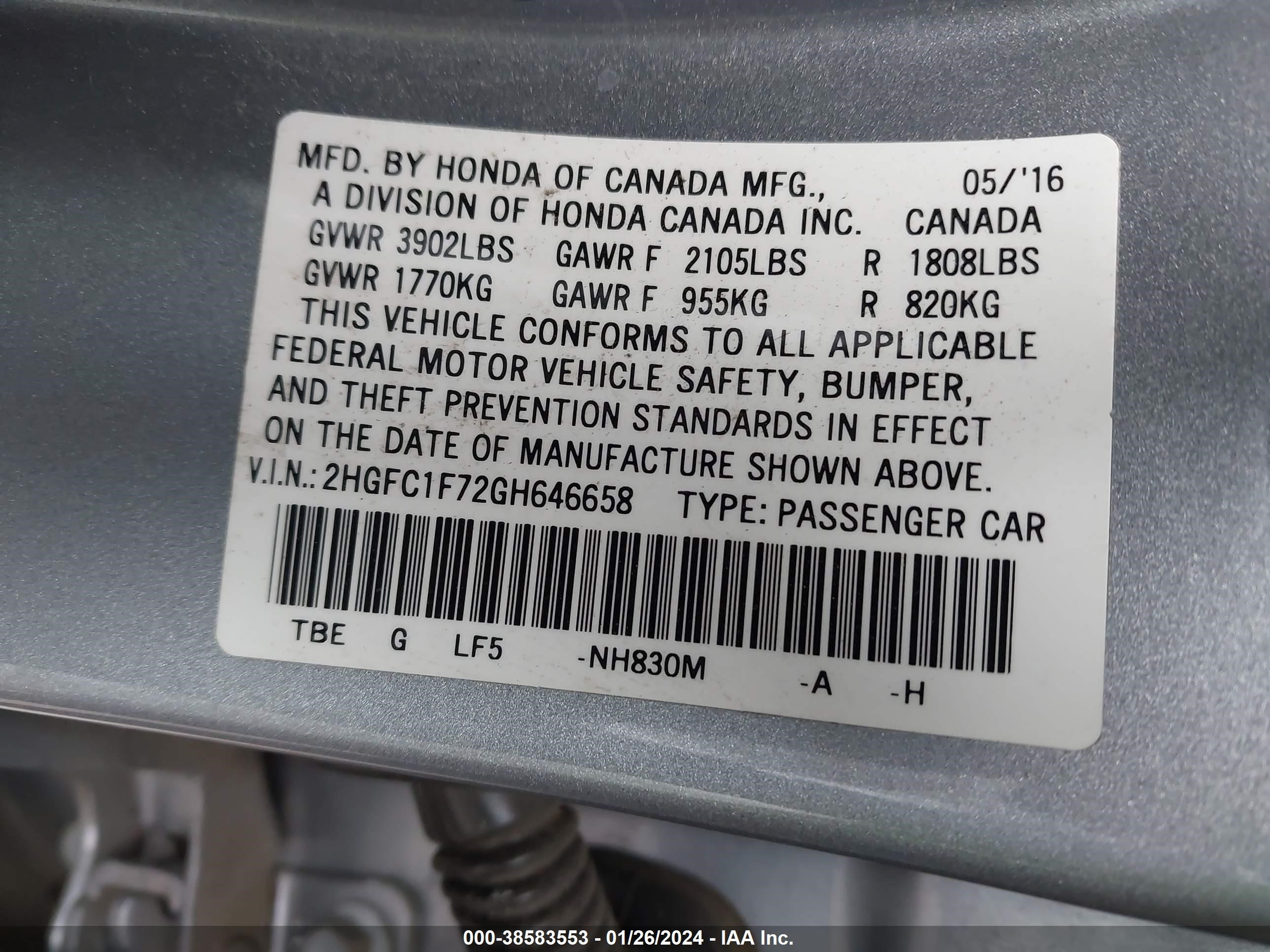 Photo 8 VIN: 2HGFC1F72GH646658 - HONDA CIVIC 