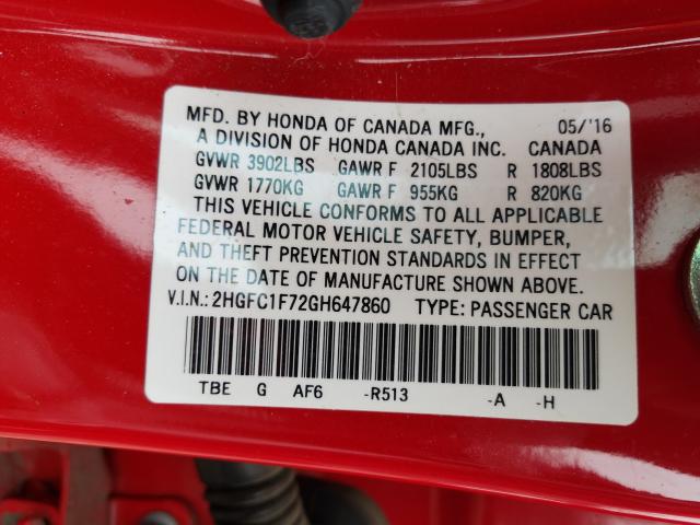 Photo 9 VIN: 2HGFC1F72GH647860 - HONDA CIVIC EXL 