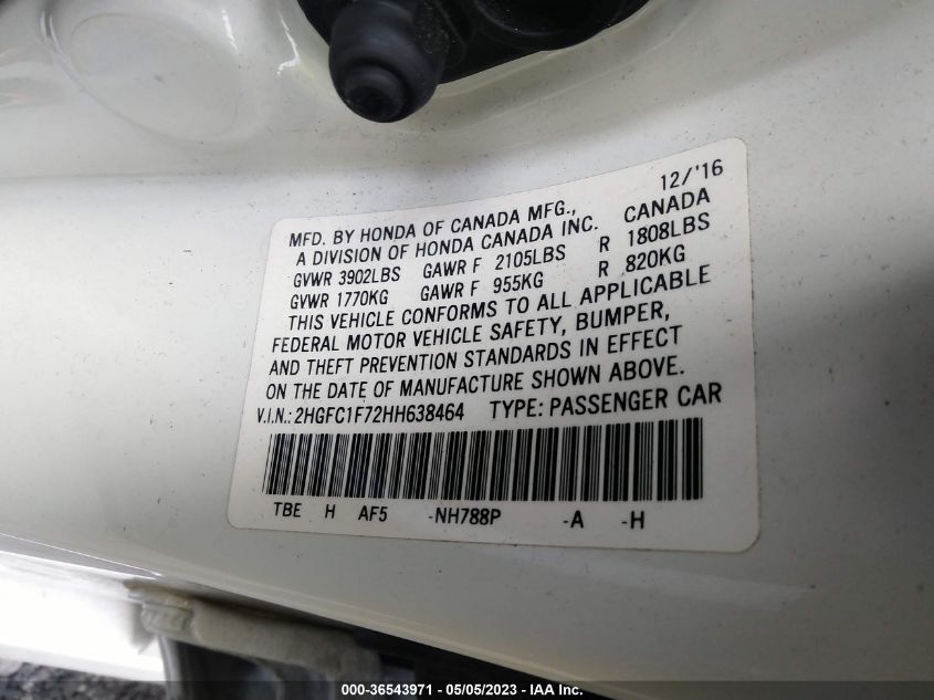 Photo 8 VIN: 2HGFC1F72HH638464 - HONDA CIVIC 