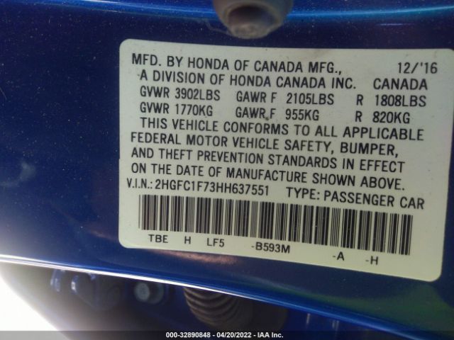 Photo 8 VIN: 2HGFC1F73HH637551 - HONDA CIVIC SEDAN 