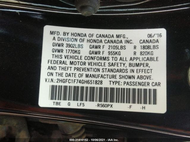 Photo 8 VIN: 2HGFC1F74GH651828 - HONDA CIVIC SEDAN 