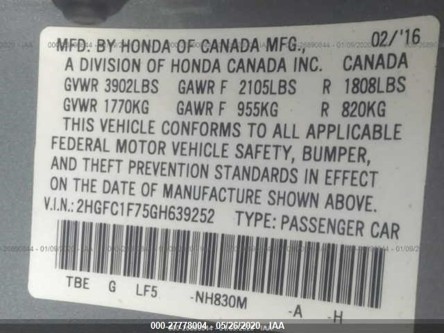 Photo 8 VIN: 2HGFC1F75GH639252 - HONDA CIVIC SEDAN 