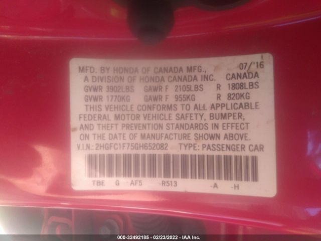 Photo 8 VIN: 2HGFC1F75GH652082 - HONDA CIVIC SEDAN 