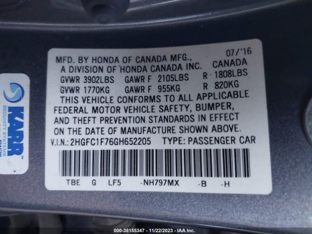 Photo 8 VIN: 2HGFC1F76GH652205 - HONDA CIVIC 