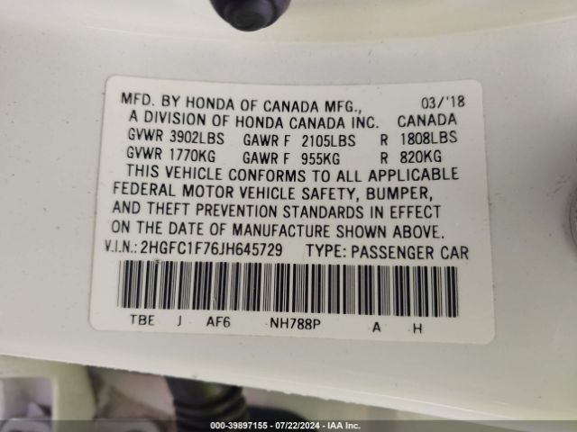 Photo 8 VIN: 2HGFC1F76JH645729 - HONDA CIVIC 