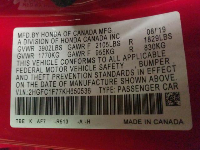 Photo 9 VIN: 2HGFC1F77KH650536 - HONDA CIVIC EXL 