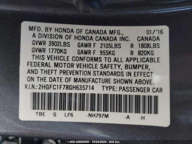 Photo 8 VIN: 2HGFC1F78GH635714 - HONDA CIVIC 