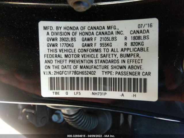 Photo 8 VIN: 2HGFC1F78GH652402 - HONDA CIVIC SEDAN 