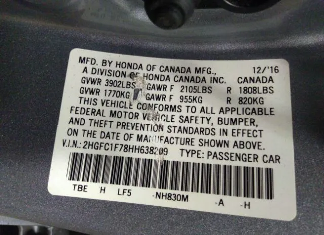 Photo 8 VIN: 2HGFC1F78HH638209 - HONDA CIVIC SEDAN 