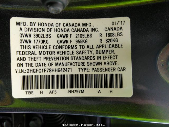 Photo 8 VIN: 2HGFC1F78HH642471 - HONDA CIVIC SEDAN 