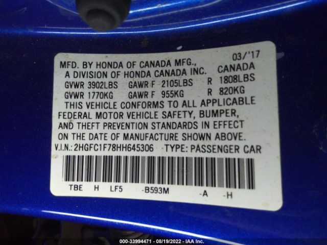 Photo 8 VIN: 2HGFC1F78HH645306 - HONDA CIVIC SEDAN 