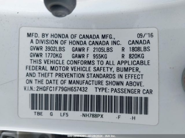 Photo 8 VIN: 2HGFC1F79GH657432 - HONDA CIVIC 