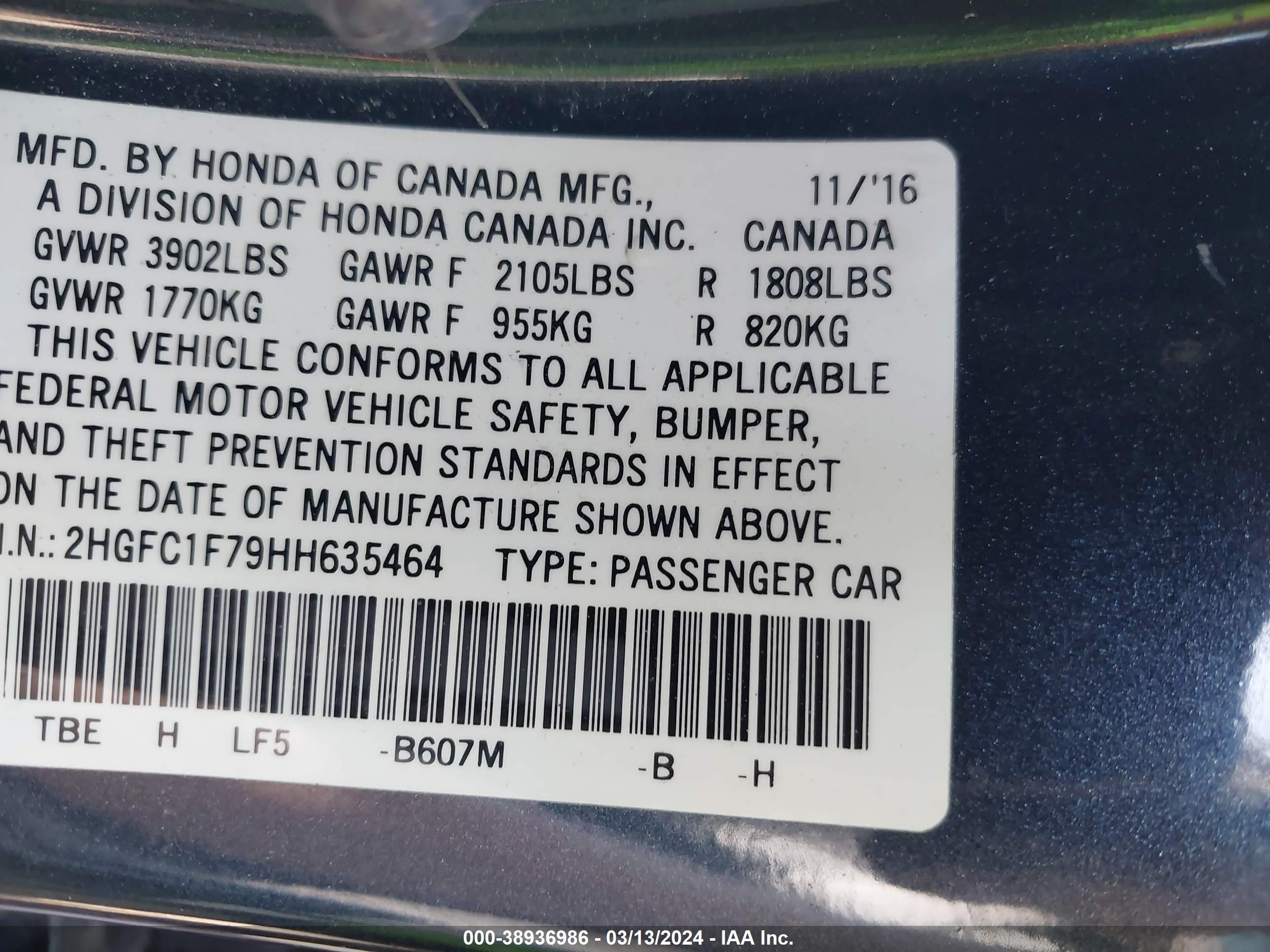 Photo 8 VIN: 2HGFC1F79HH635464 - HONDA CIVIC 